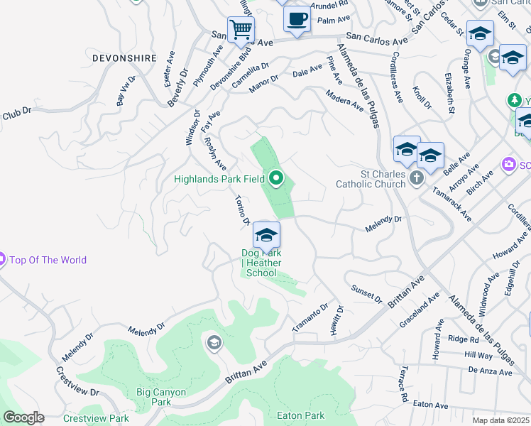 map of restaurants, bars, coffee shops, grocery stores, and more near 312 Torino Drive in San Carlos