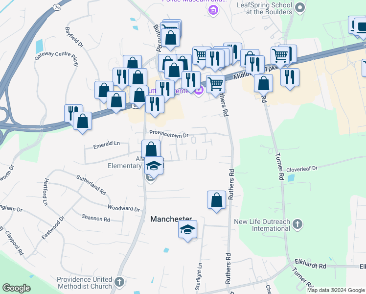 map of restaurants, bars, coffee shops, grocery stores, and more near 8029 Provincetown Drive in Richmond