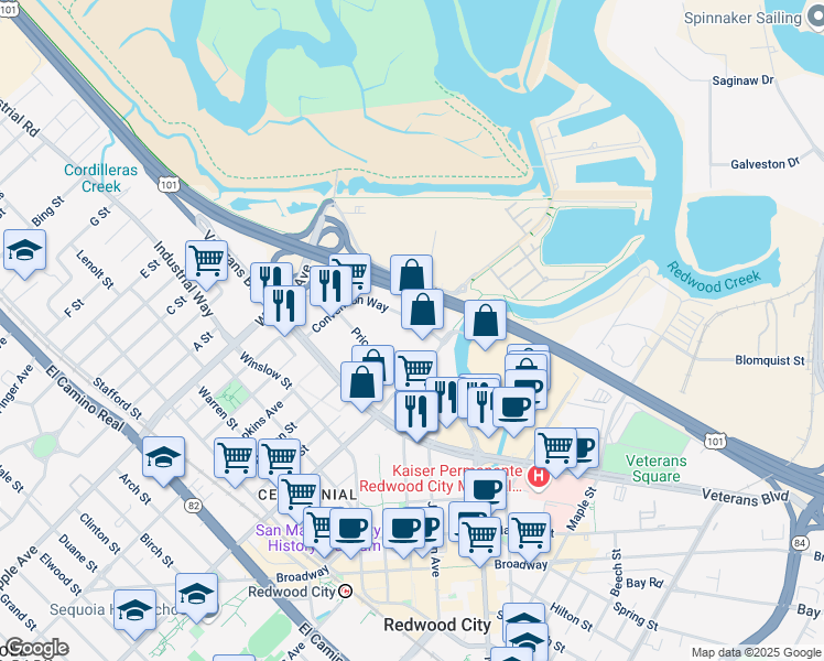 map of restaurants, bars, coffee shops, grocery stores, and more near 345 Convention Way in Redwood City