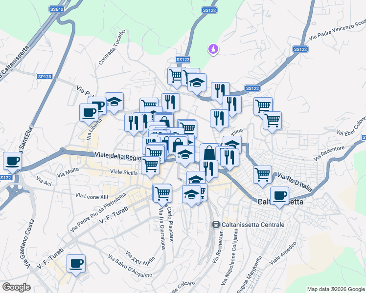 map of restaurants, bars, coffee shops, grocery stores, and more near 89 Viale Trieste in Caltanissetta
