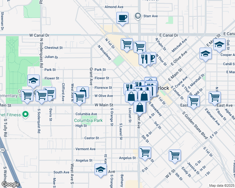 map of restaurants, bars, coffee shops, grocery stores, and more near 337 West Olive Avenue in Turlock