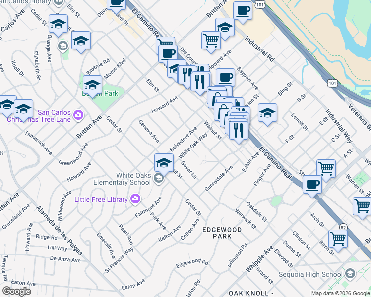 map of restaurants, bars, coffee shops, grocery stores, and more near 1534 White Oak Way in San Carlos
