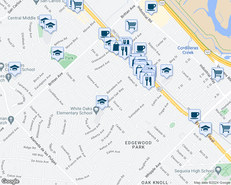 map of restaurants, bars, coffee shops, grocery stores, and more near 1534 White Oak Way in San Carlos