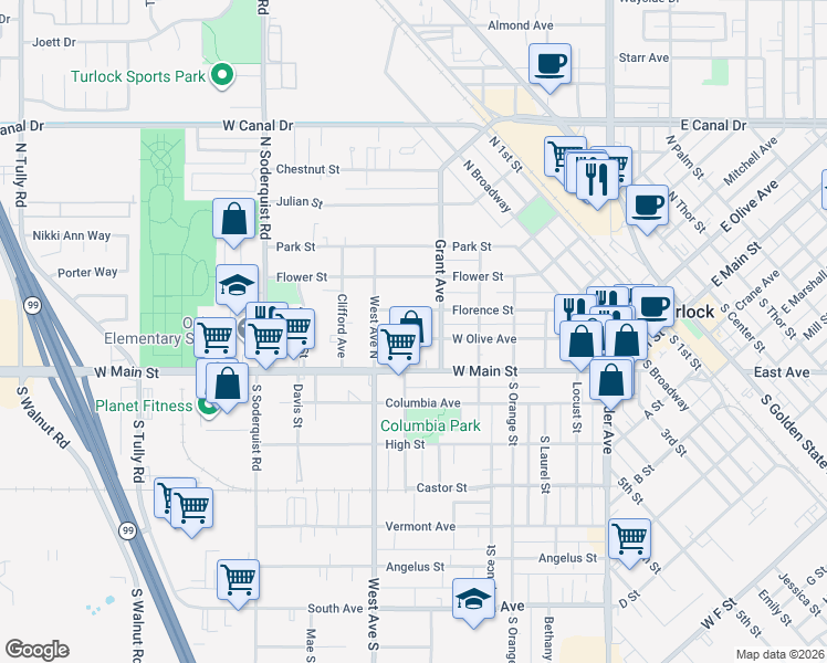map of restaurants, bars, coffee shops, grocery stores, and more near 681 West Olive Avenue in Turlock