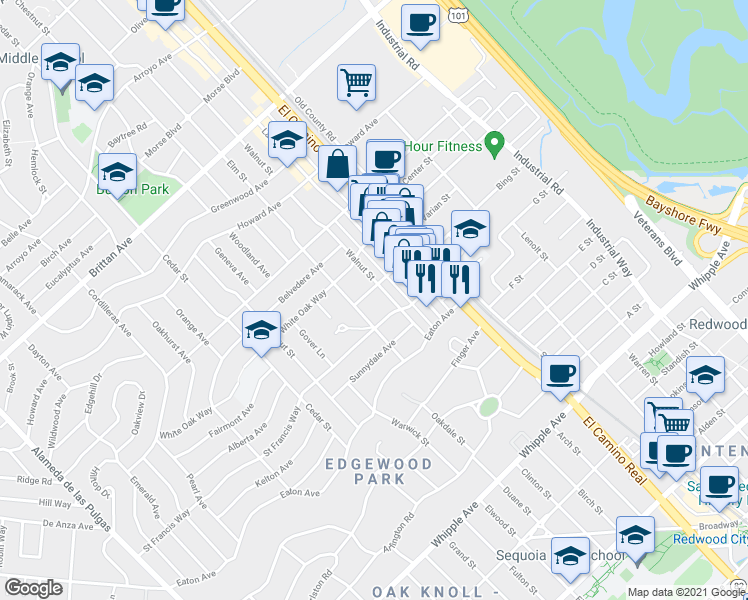 map of restaurants, bars, coffee shops, grocery stores, and more near 1323 Central Avenue in San Carlos