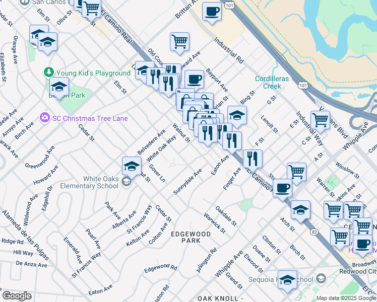 map of restaurants, bars, coffee shops, grocery stores, and more near 1323 Central Avenue in San Carlos