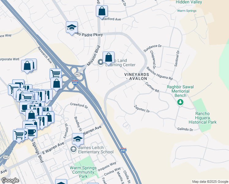 map of restaurants, bars, coffee shops, grocery stores, and more near 46925 Aloe Court in Fremont