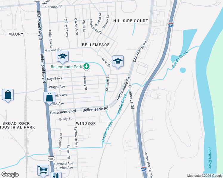 map of restaurants, bars, coffee shops, grocery stores, and more near 2101 Warwick Avenue in Richmond