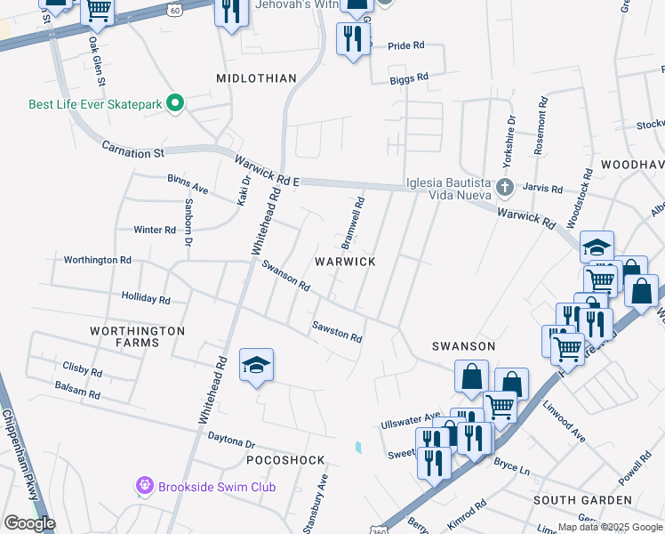 map of restaurants, bars, coffee shops, grocery stores, and more near 936 Bramwell Road in Richmond