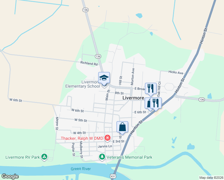 map of restaurants, bars, coffee shops, grocery stores, and more near Hill St in Livermore
