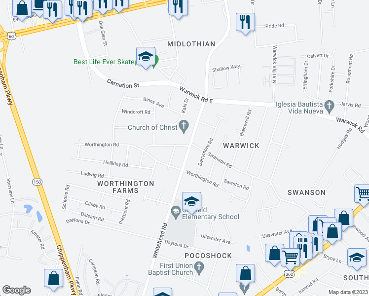 map of restaurants, bars, coffee shops, grocery stores, and more near 900 Whitehead Rd in Richmond