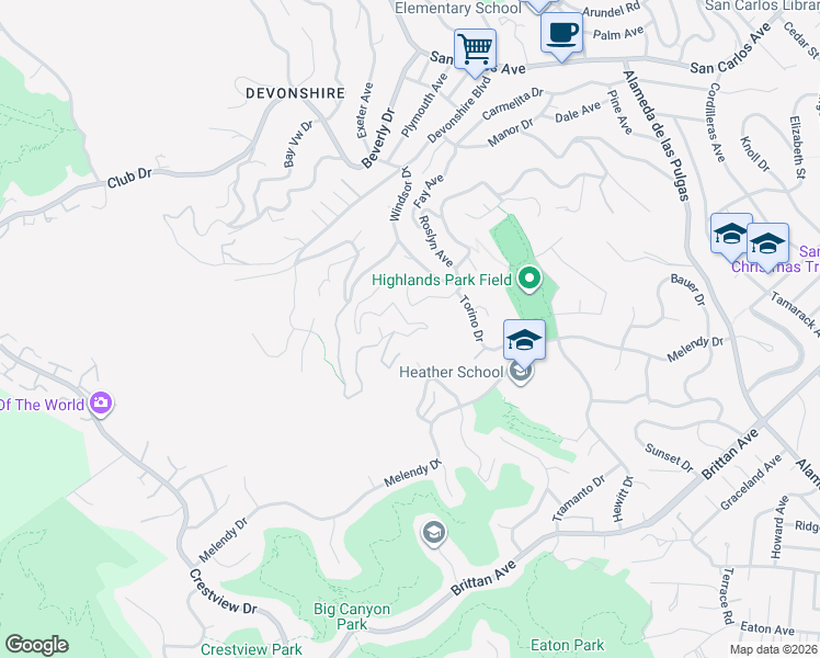 map of restaurants, bars, coffee shops, grocery stores, and more near 400 Winding Way in San Carlos
