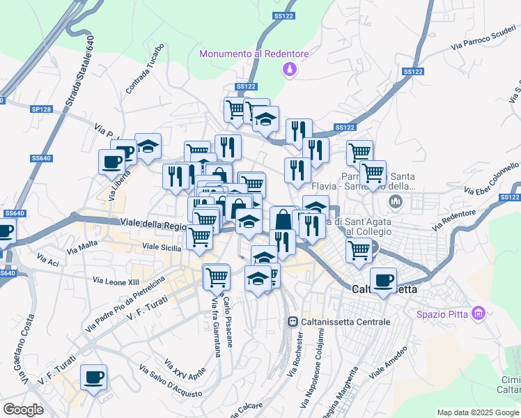 map of restaurants, bars, coffee shops, grocery stores, and more near 89 Viale Trieste in Caltanissetta