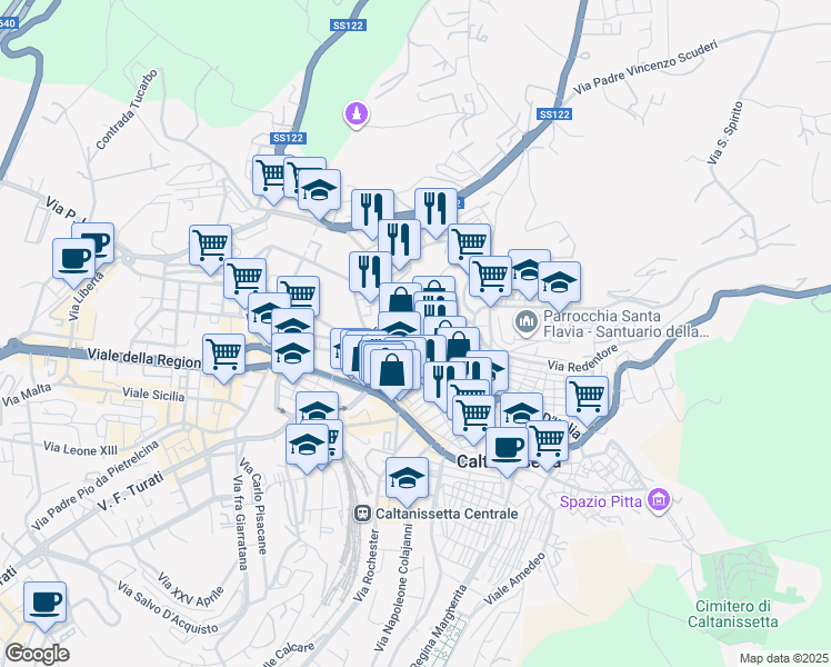 map of restaurants, bars, coffee shops, grocery stores, and more near Piazza Capuana Luigi in Caltanissetta