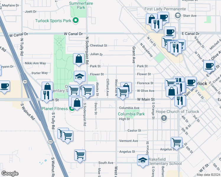 map of restaurants, bars, coffee shops, grocery stores, and more near 131 Clifford Avenue in Turlock