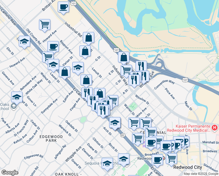 map of restaurants, bars, coffee shops, grocery stores, and more near 251 C Street in Redwood City