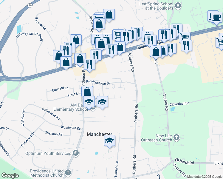 map of restaurants, bars, coffee shops, grocery stores, and more near 7919 Provincetown Drive in Richmond