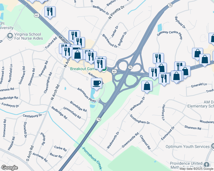 map of restaurants, bars, coffee shops, grocery stores, and more near 241 Arboretum Place in Richmond