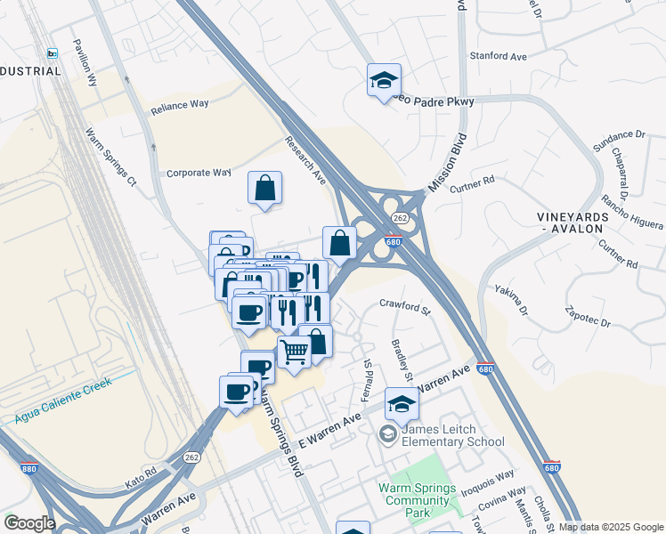 map of restaurants, bars, coffee shops, grocery stores, and more near 103 Woodcreek Common in Fremont