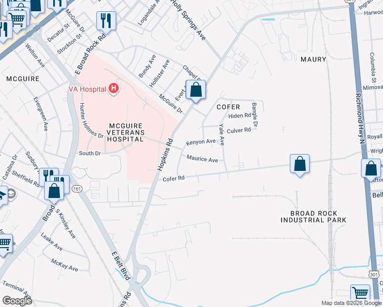 map of restaurants, bars, coffee shops, grocery stores, and more near 3128 Maurice Avenue in Richmond