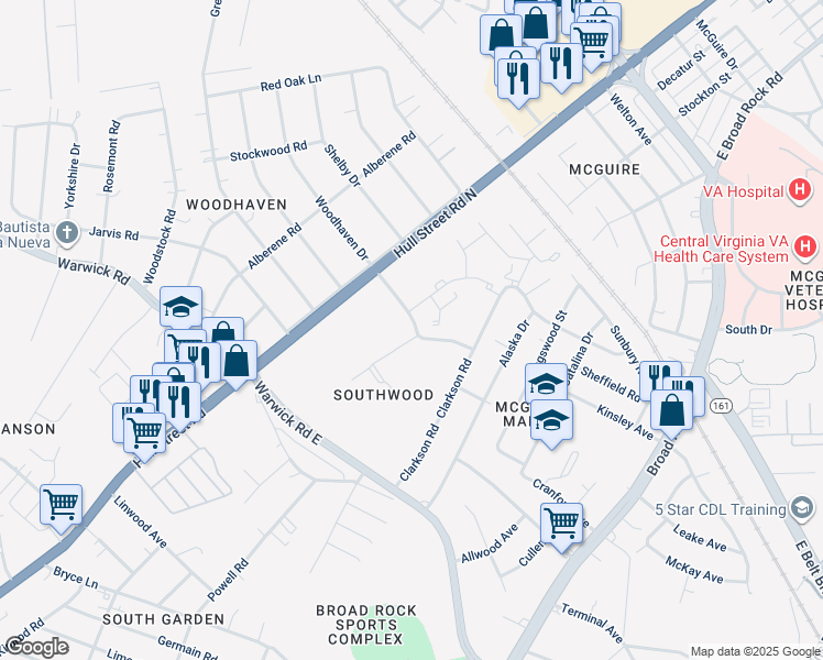 map of restaurants, bars, coffee shops, grocery stores, and more near 1200 Southwood Parkway in Richmond