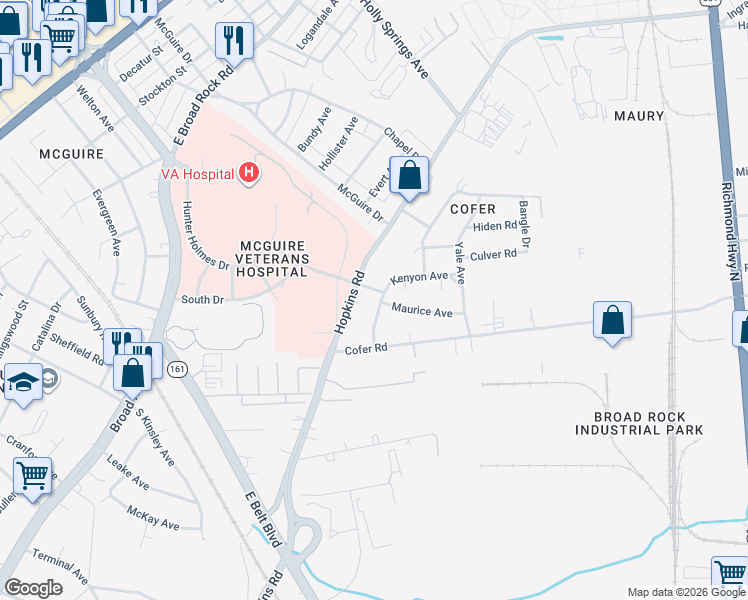 map of restaurants, bars, coffee shops, grocery stores, and more near 1706 Gross Avenue in Richmond