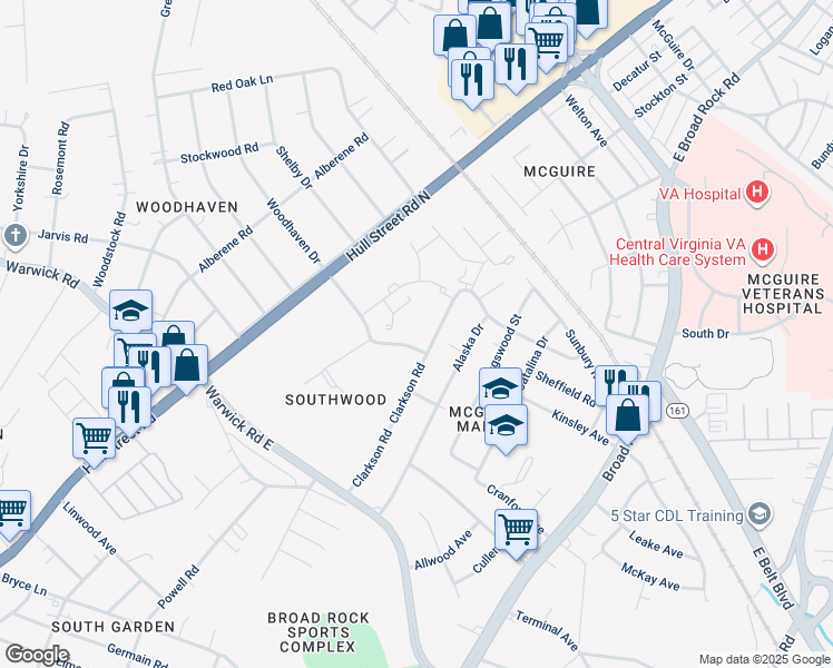 map of restaurants, bars, coffee shops, grocery stores, and more near 1528 Clarkson Road in Richmond
