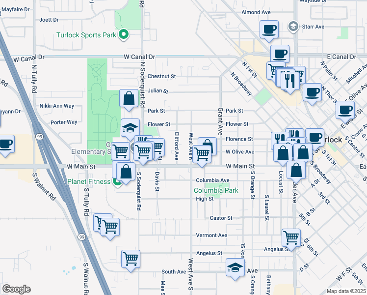 map of restaurants, bars, coffee shops, grocery stores, and more near 128 Clifford Avenue in Turlock