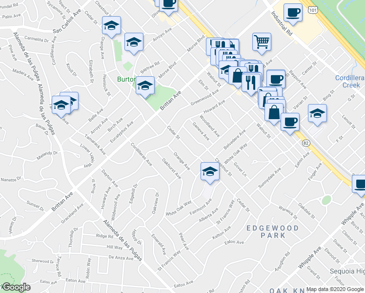 map of restaurants, bars, coffee shops, grocery stores, and more near 1348 Cedar Street in San Carlos