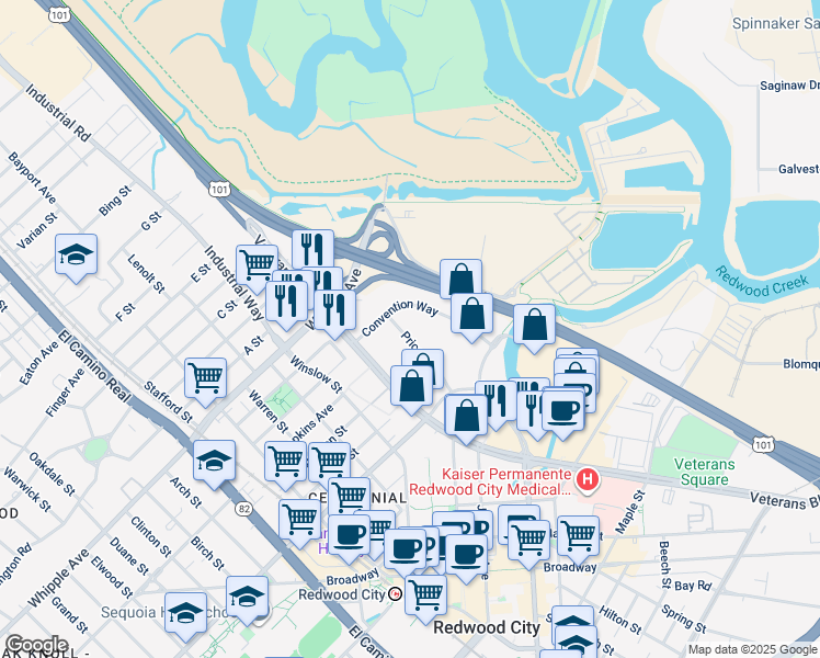 map of restaurants, bars, coffee shops, grocery stores, and more near in Redwood City