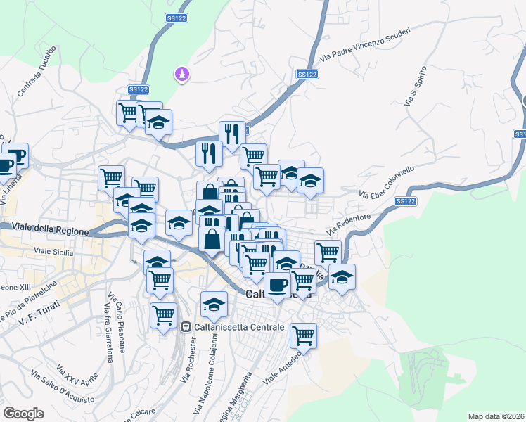 map of restaurants, bars, coffee shops, grocery stores, and more near 19 Via San Giovanni Bosco in Caltanissetta