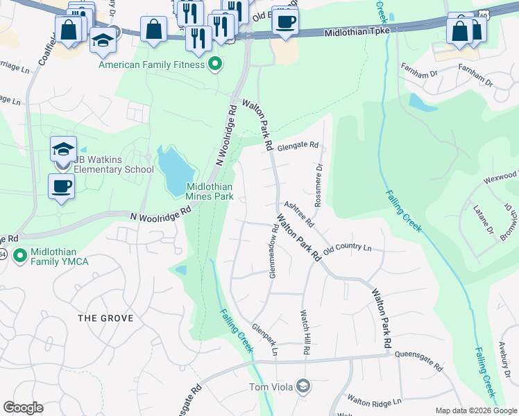 map of restaurants, bars, coffee shops, grocery stores, and more near 13009 Ashtree Road in Midlothian