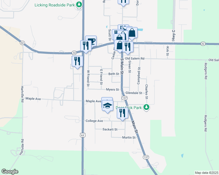 map of restaurants, bars, coffee shops, grocery stores, and more near 304 Myers Street in Licking