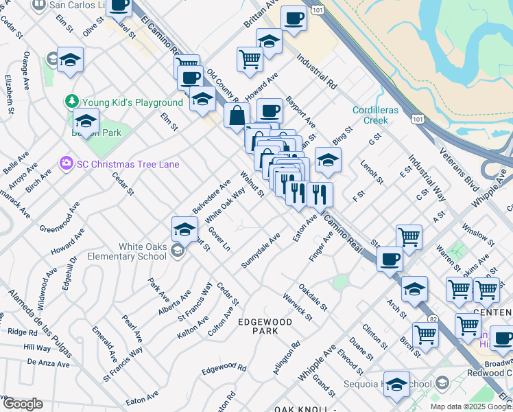 map of restaurants, bars, coffee shops, grocery stores, and more near 1323 Central Avenue in San Carlos