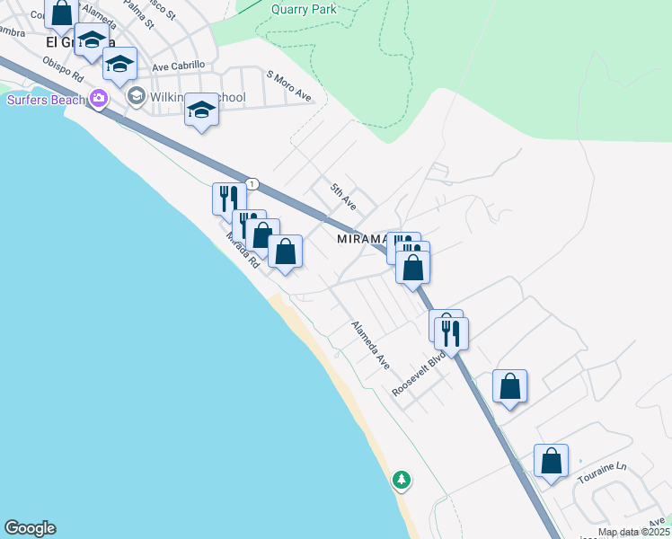 map of restaurants, bars, coffee shops, grocery stores, and more near 305 Miramar Drive in Half Moon Bay