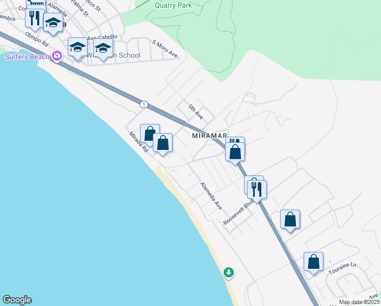 map of restaurants, bars, coffee shops, grocery stores, and more near 305 Miramar Drive in Half Moon Bay