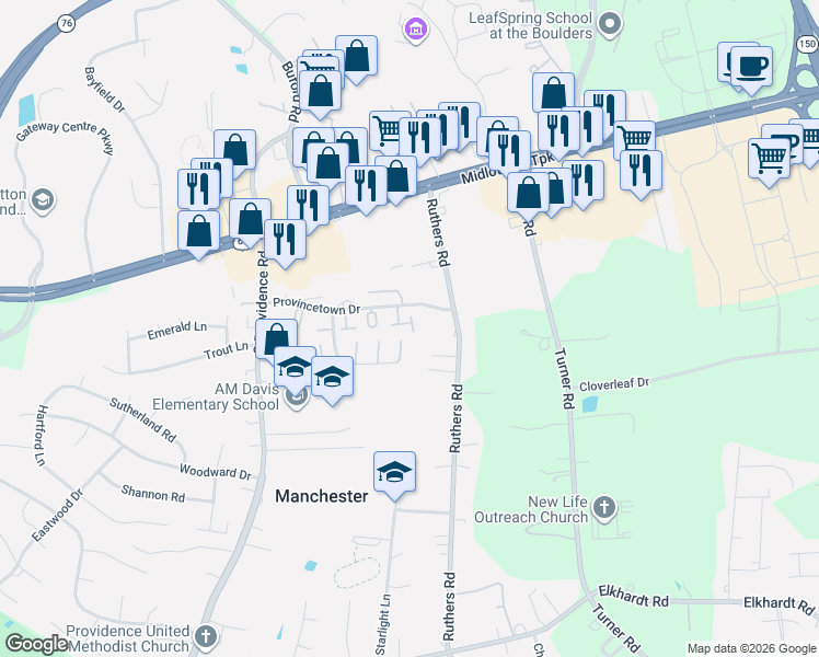 map of restaurants, bars, coffee shops, grocery stores, and more near 7845 Provincetown Drive in Richmond