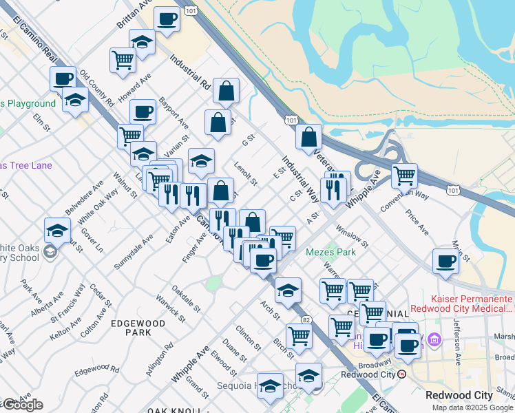 map of restaurants, bars, coffee shops, grocery stores, and more near 219 D Street in Redwood City