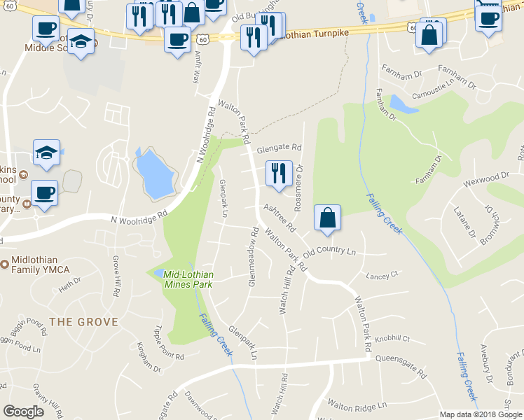 map of restaurants, bars, coffee shops, grocery stores, and more near 12941 Ashtree Road in Midlothian