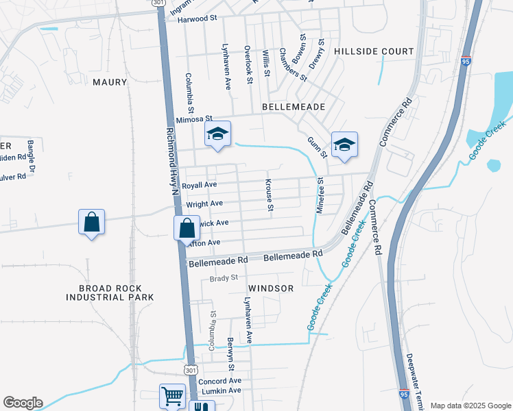 map of restaurants, bars, coffee shops, grocery stores, and more near 2308 Wright Avenue in Richmond