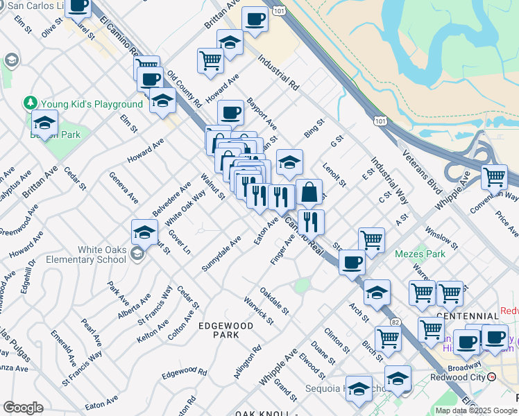 map of restaurants, bars, coffee shops, grocery stores, and more near 1748 El Camino Real in San Carlos