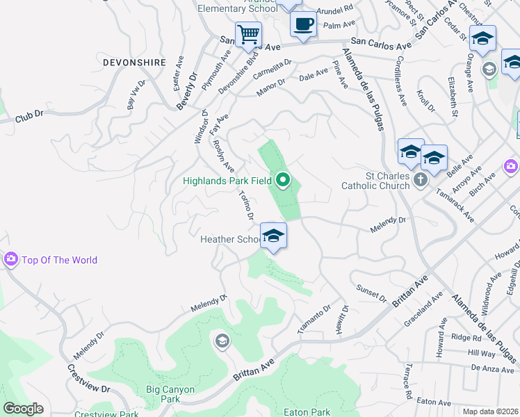 map of restaurants, bars, coffee shops, grocery stores, and more near 352 Caprino Way in San Carlos