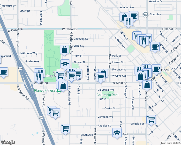 map of restaurants, bars, coffee shops, grocery stores, and more near 131 Clifford Avenue in Turlock