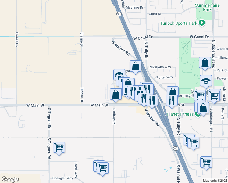 map of restaurants, bars, coffee shops, grocery stores, and more near 2373 West Main Street in Turlock