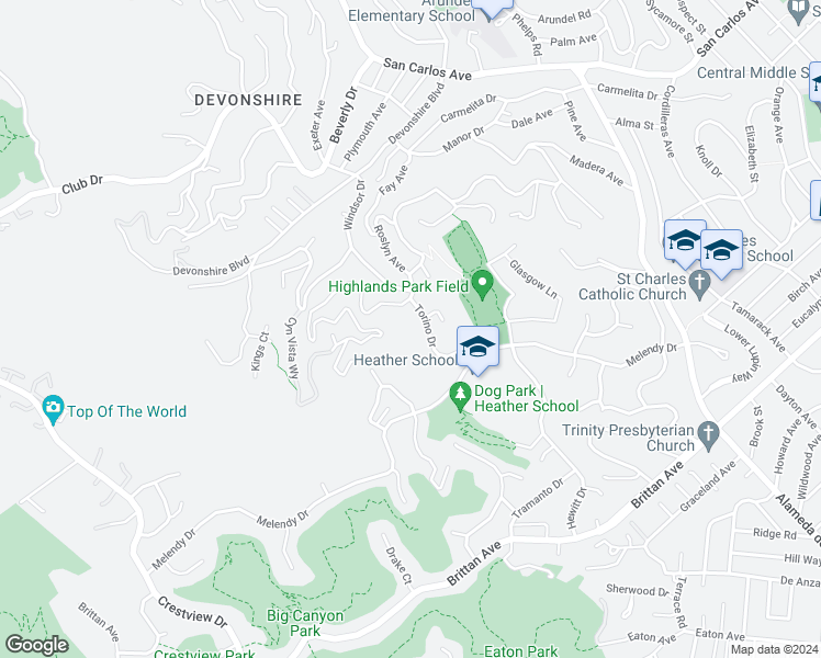 map of restaurants, bars, coffee shops, grocery stores, and more near 351 Torino Drive in San Carlos