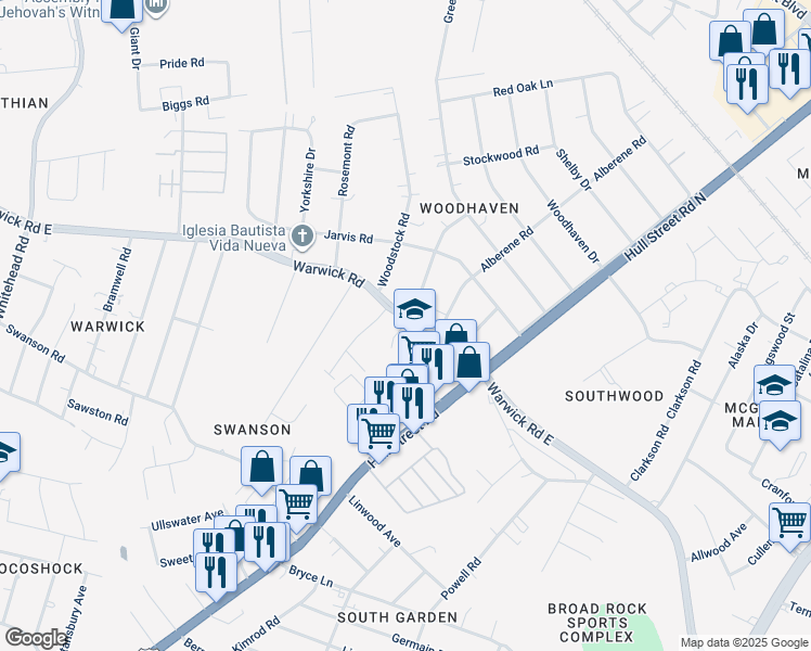 map of restaurants, bars, coffee shops, grocery stores, and more near 5263 Warwick Road in Richmond