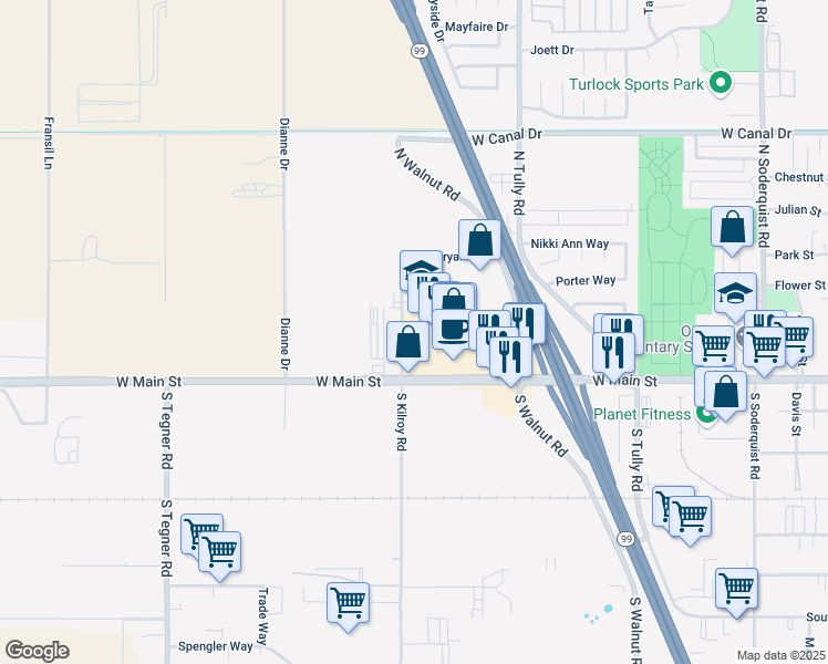 map of restaurants, bars, coffee shops, grocery stores, and more near 2373 West Main Street in Turlock