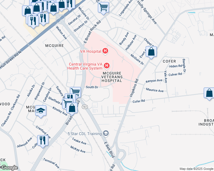 map of restaurants, bars, coffee shops, grocery stores, and more near East Avenue in Richmond