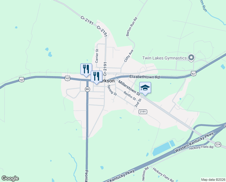 map of restaurants, bars, coffee shops, grocery stores, and more near 110-198 Vanmeter St in Clarkson