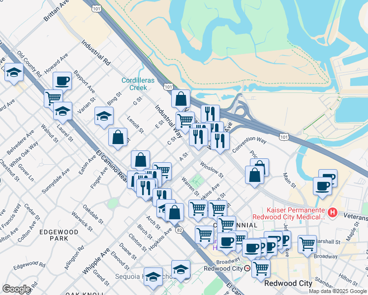 map of restaurants, bars, coffee shops, grocery stores, and more near 352 B Street in Redwood City
